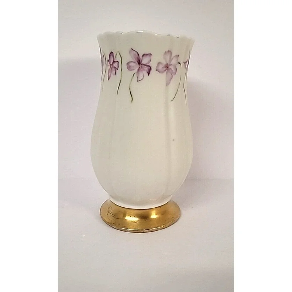 Limoges France Hand Painted Violets Vase w/Gold Gild Base & Scalloped Top Signed